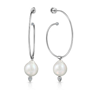 Серьги Пусеты из белого золота с бриллиантами и жемчугами