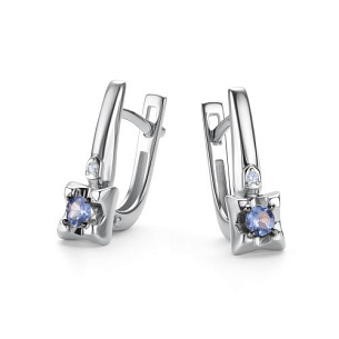 Серьги с английским замком из белого золота с танзанитами и бриллиантами