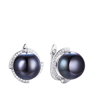 Серьги с английским замком из серебра с жемчугами, фианитами