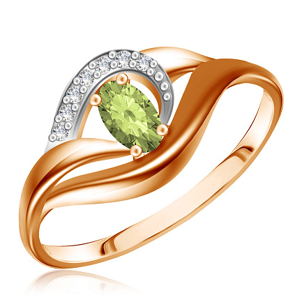 Кольцо из красного золота с фианитом, хризолитом