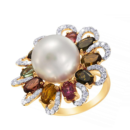 Кольцо из красного золота с бриллиантами, жемчугом