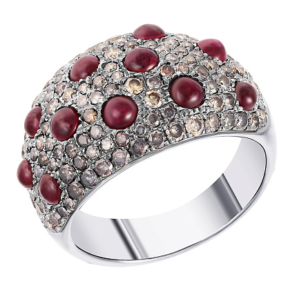 Кольцо из белого золота с бриллиантами, рубинами