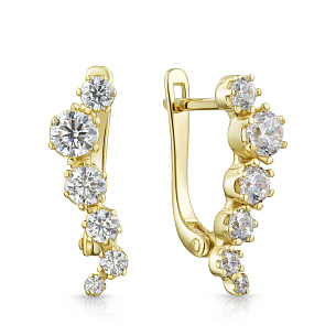 Серьги с английским замком из желтого золота с фианитом