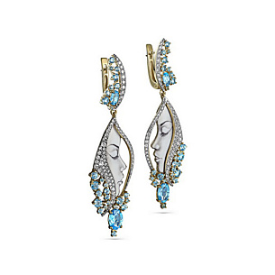 Серьги с английским замком из желтого золота с бриллиантами, топазами, финифтями