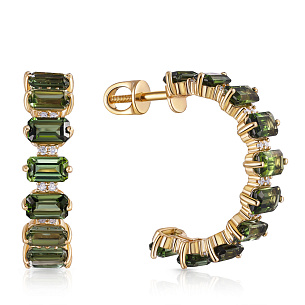 Пусеты с турмалином и бриллиантами из желтого золота