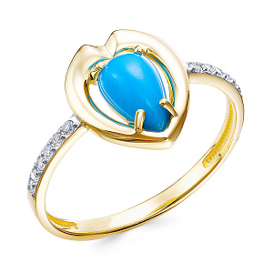 Кольцо из желтого золота с бриллиантами, бирюзой