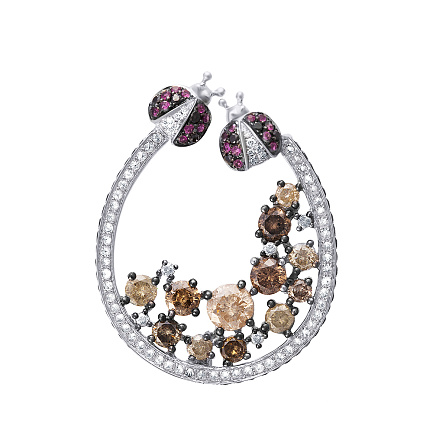 Брошь из белого золота с бриллиантами, рубинами