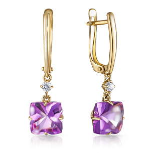 Серьги с английским замком из желтого золота с фианитом