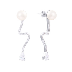 Пусеты из серебра с фианитом, жемчугом