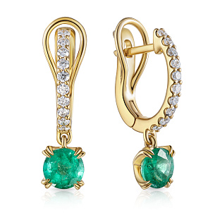 Серьги с английским замком из желтого золота с изумрудом