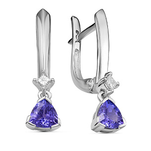 Серьги с английским замком из белого золота с бриллиантами, танзанитами