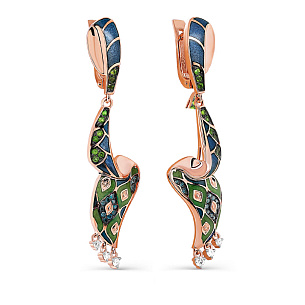 Серьги с английским замком из красного золота с бриллиантами, хромдиопсидом и эмалью