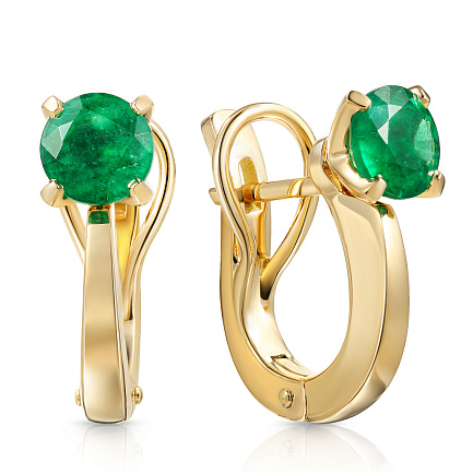 Серьги с английским замком из желтого золота с изумрудами