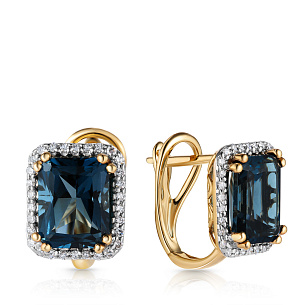 Серьги с английским замком из желтого золота с бриллиантами и топазом