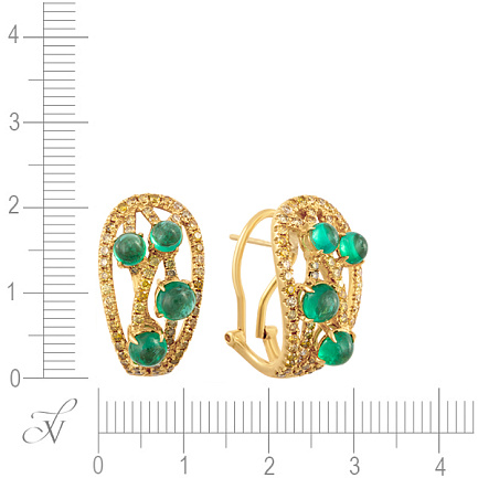 Серьги из желтого золота с бриллиантами, изумрудами