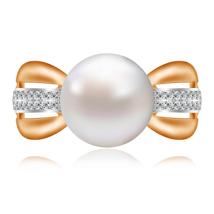 Кольцо из красного золота с жемчугом, фианитом