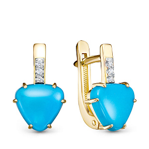 Серьги из желтого золота с бриллиантами, бирюзой