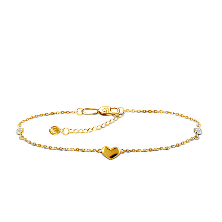 Браслет на ногу декоративный из желтого золота с фианитом, плетение якорное