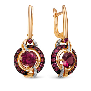 Серьги из красного золота с бриллиантами, родолитами