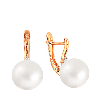 Серьги из красного золота с жемчугом, фианитом