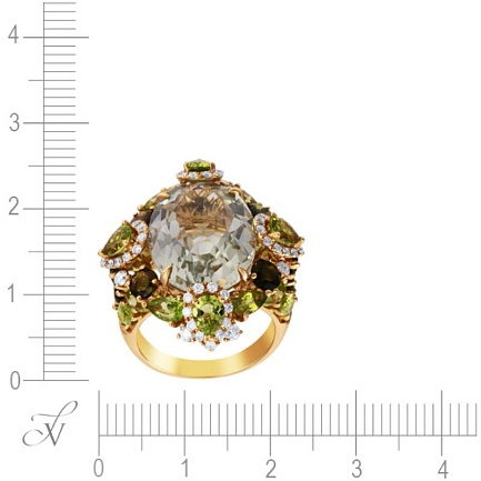 Кольцо из желтого золота с бриллиантами, перидотами