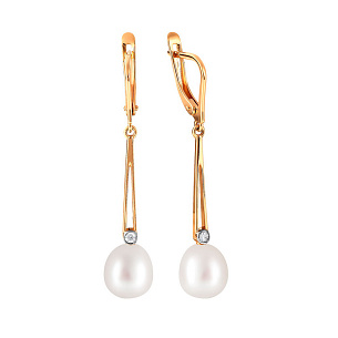 Серьги из красного золота с жемчугом, фианитом