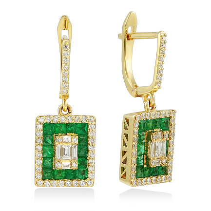 Серьги из желтого золота с бриллиантами, изумрудом