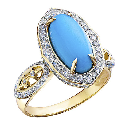 Кольцо из желтого золота с бриллиантами, бирюзой