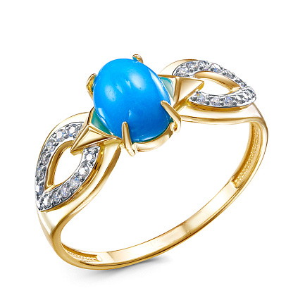 Кольцо из желтого золота с бриллиантами, бирюзой