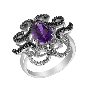 Кольцо из белого золота с бриллиантами, аметистом, сапфирами