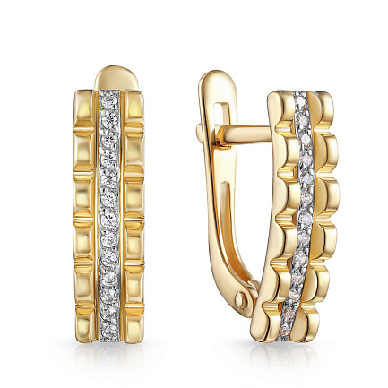 Серьги с английским замком из желтого золота с фианитом