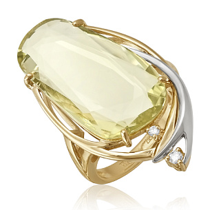 Кольцо из желтого золота с кварцем, бриллиантом