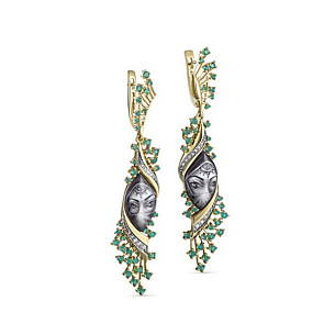 Серьги с английским замком из желтого золота с бриллиантами, ониксами и финифтями