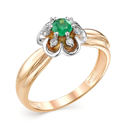 Кольцо из красного золота с бриллиантами, изумрудом