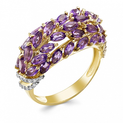 Кольцо из желтого золота с бриллиантами, аметистом