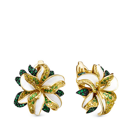 Серьги из желтого золота с рубинами, сапфирами