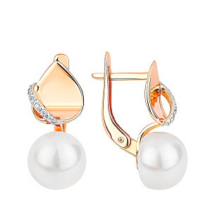 Серьги с английским замком из красного золота с фианитом, жемчугом