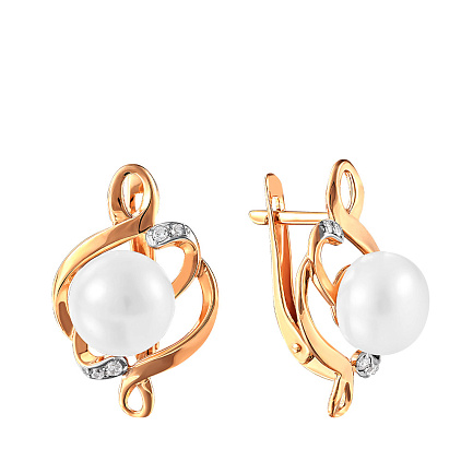 Серьги из красного золота с жемчугом, фианитом