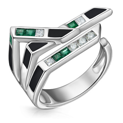 Кольцо из белого золота с бриллиантами, изумрудами