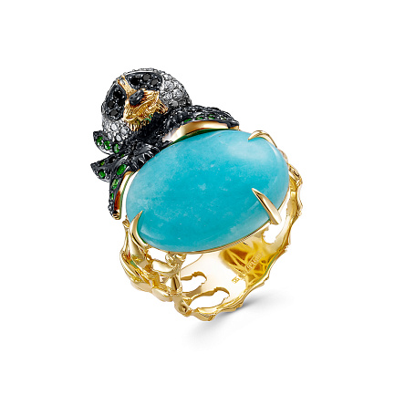 Кольцо из желтого золота с бриллиантами, изумрудами