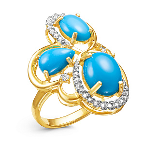 Кольцо из красного золота с бриллиантами, бирюзой