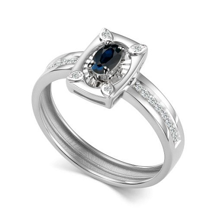 Кольцо из белого золота с бриллиантами, сапфиром