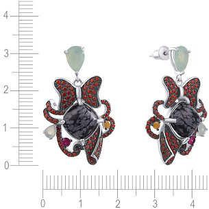 Пусеты из серебра с обсидианом, фианитом