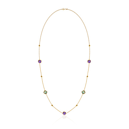 Колье из желтого золота с аметистом, плетение якорное