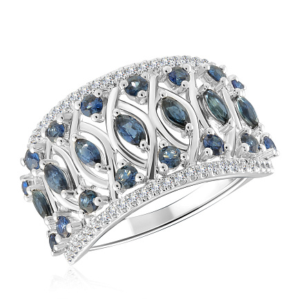 Кольцо из белого золота с бриллиантами, сапфирами