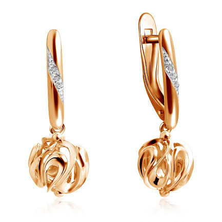 Серьги с английским замком из красного золота с фианитом