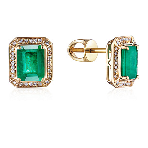 Пусеты из желтого золота с бриллиантами и изумрудами