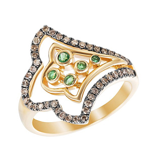 Кольцо из желтого золота с бриллиантами, изумрудами