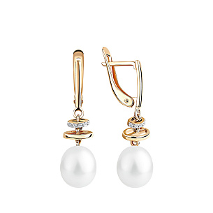 Серьги с английским замком из красного золота с жемчугом, фианитом