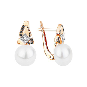 Серьги с английским замком из красного золота с жемчугом и фианитом